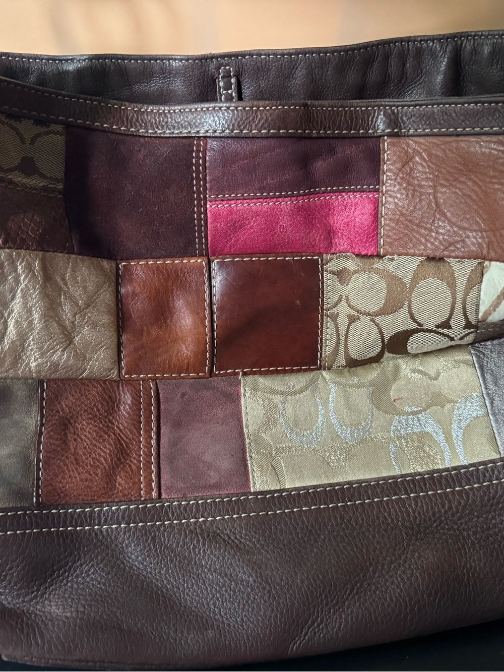 Coach Vintage Holiday Patchwork Leather Tote Bag - Brown & Pink Accent